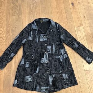 KI MENG Korea 41" B US sz M Funky Artsy Newspaper Print Top Blouse Lagenlook